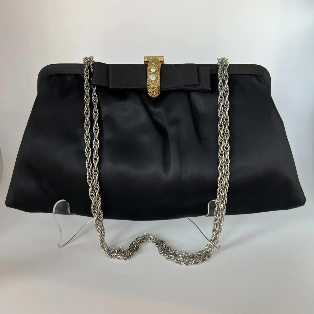 VTG Ande Black Satin Evening Bag Janette Nutley NJ Chain Clutch Purse